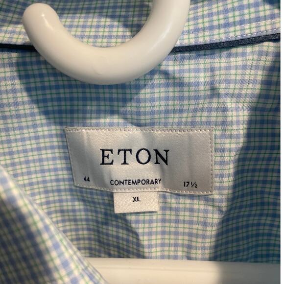 ETON Men's Cotton Plaid Contemporary Fit Dress Shirt Size 44/17.5 Light Blue - Picture 3 of 7